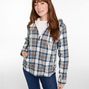 L.L. Bean Blue & Cream Scotch Plaid Sherpa Lined Zip Hoodie Size L Layering Y2K